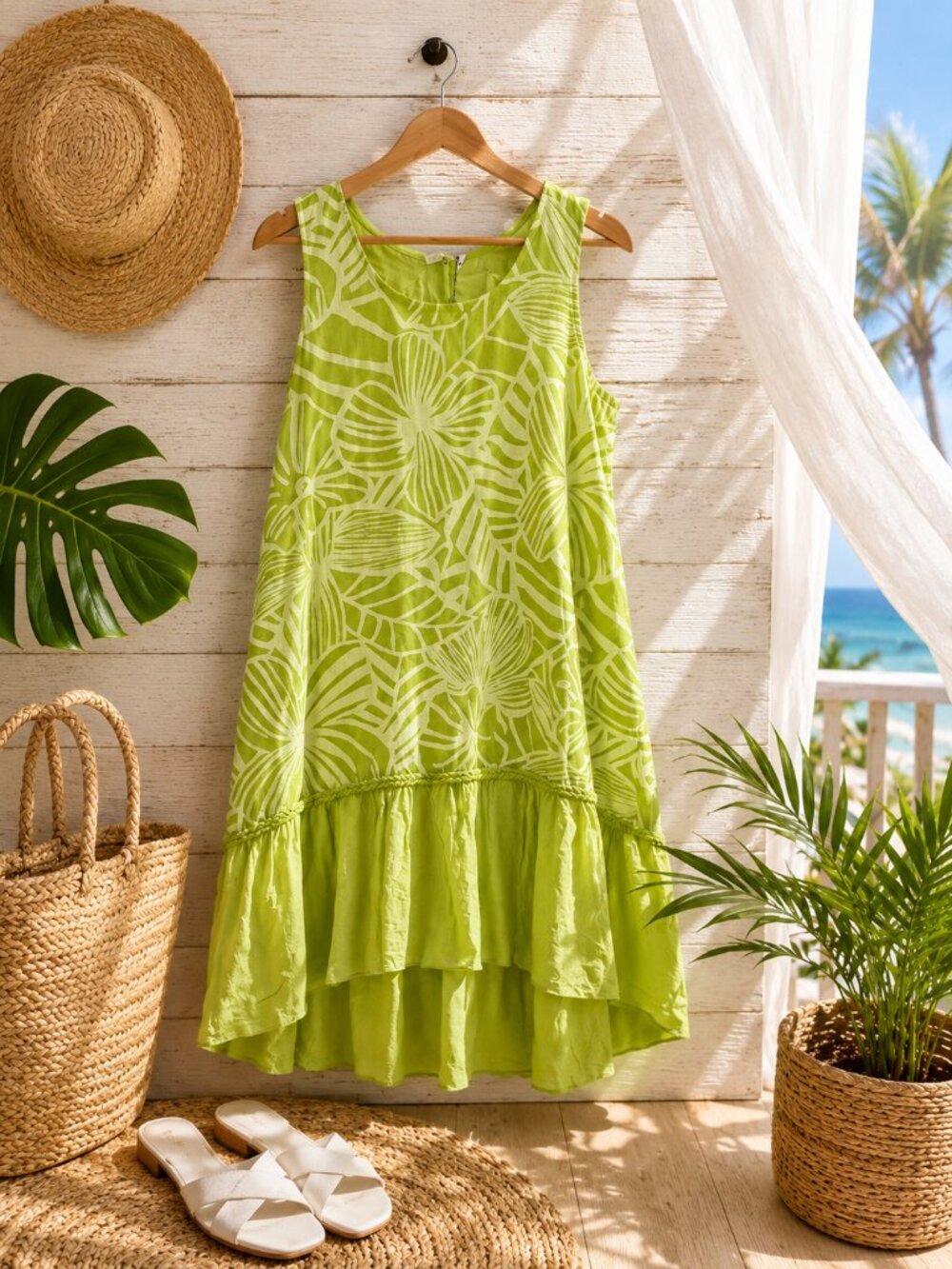 NWT Made in Italy Lime Tropical Floral Linen Blend Boutique Dress | L